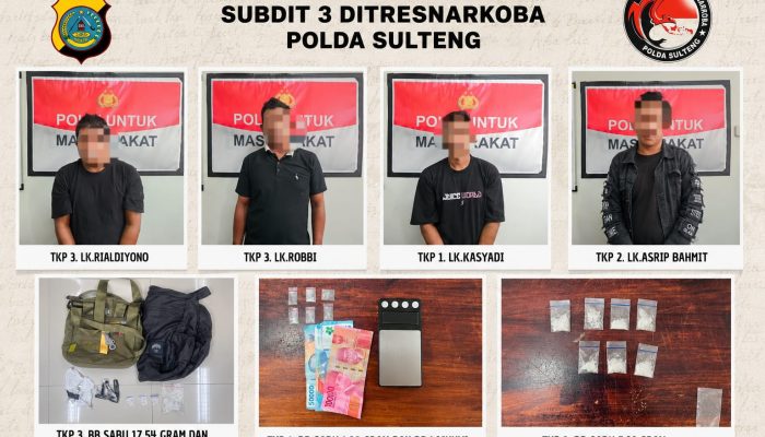 Ditresnarkoba Polda Sulteng Bongkar Jaringan Sabu di Parigi Moutong, Empat Pria Ditangkap dalam Operasi Berantai